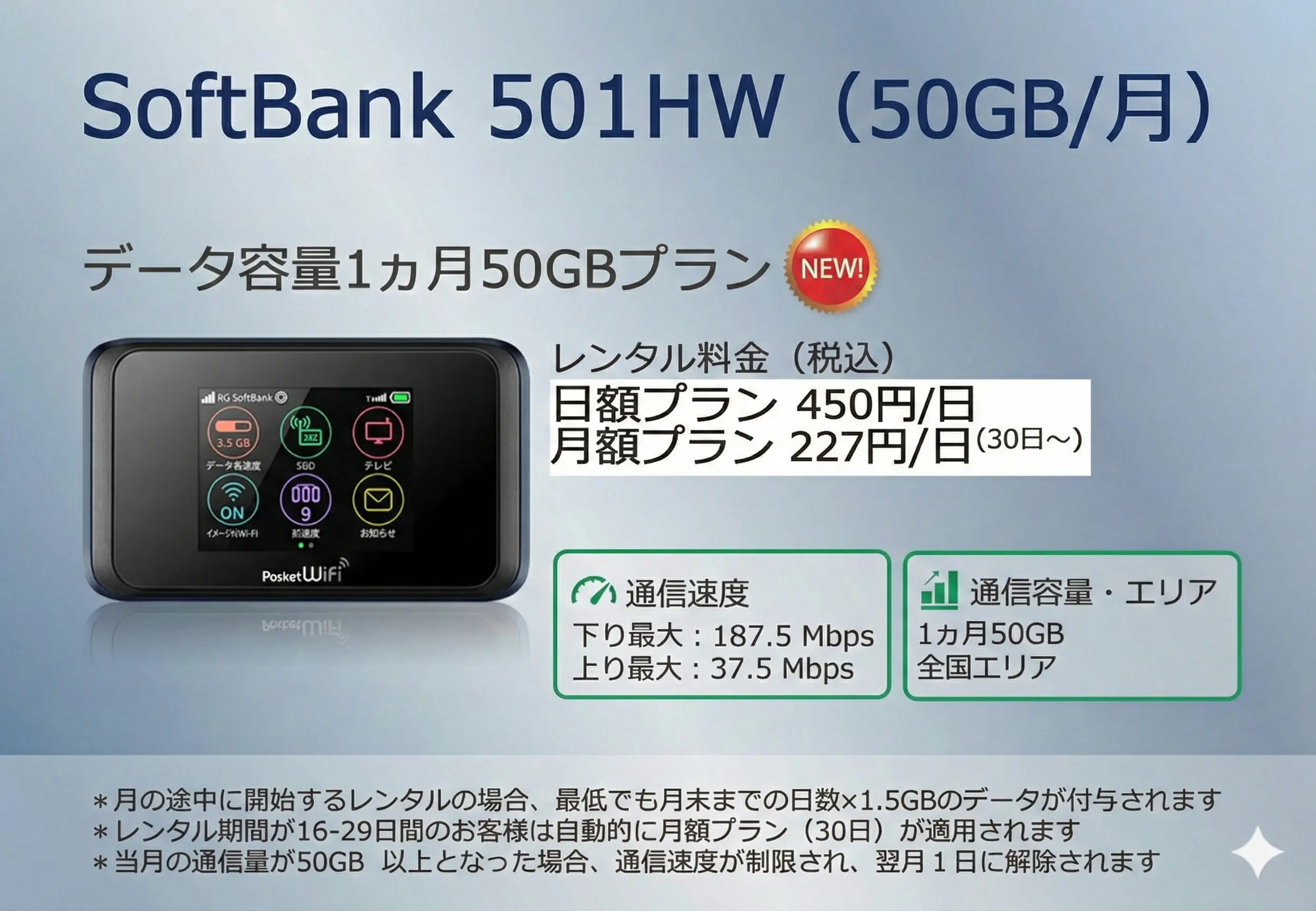 501HW(50GB/月プラン)ポケットWiFiレンタル